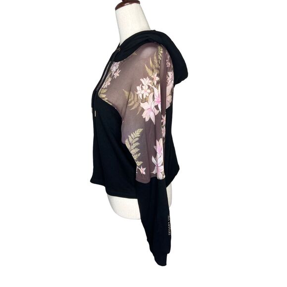 Guess Los Angeles hoodie women’s large black floral cropped long sleeve sheer - Picture 3 of 7